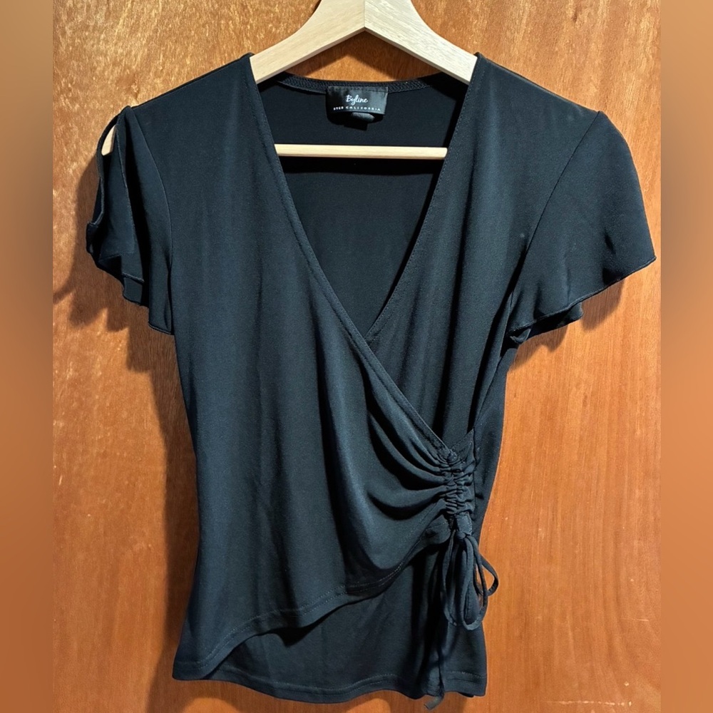 Eloise Black Side-Ruched Wrap Blouse